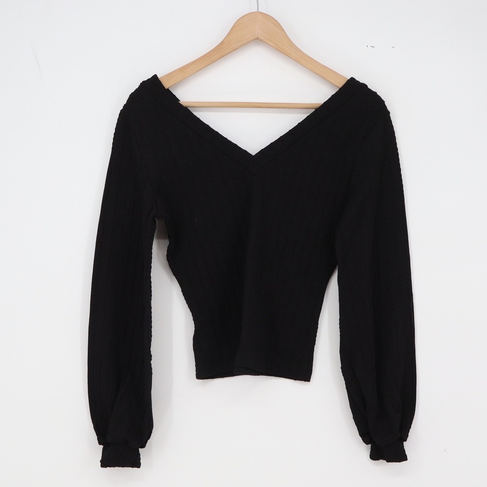 ARAVE Top Womens M Balloon Sleeve Black V-Neck Ribbed Textured Excellent